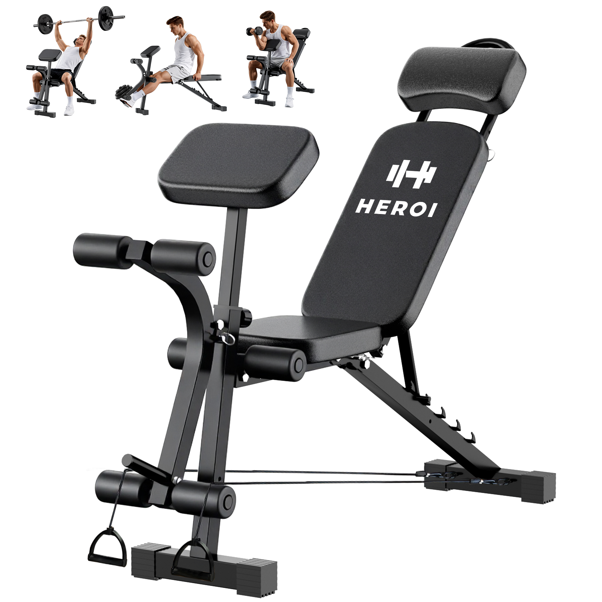 Banco de Musculação Ajustável HEROI® – 150kg, Multiângulo, Banco Pastor Removível e Extensor de Pernas TY-056