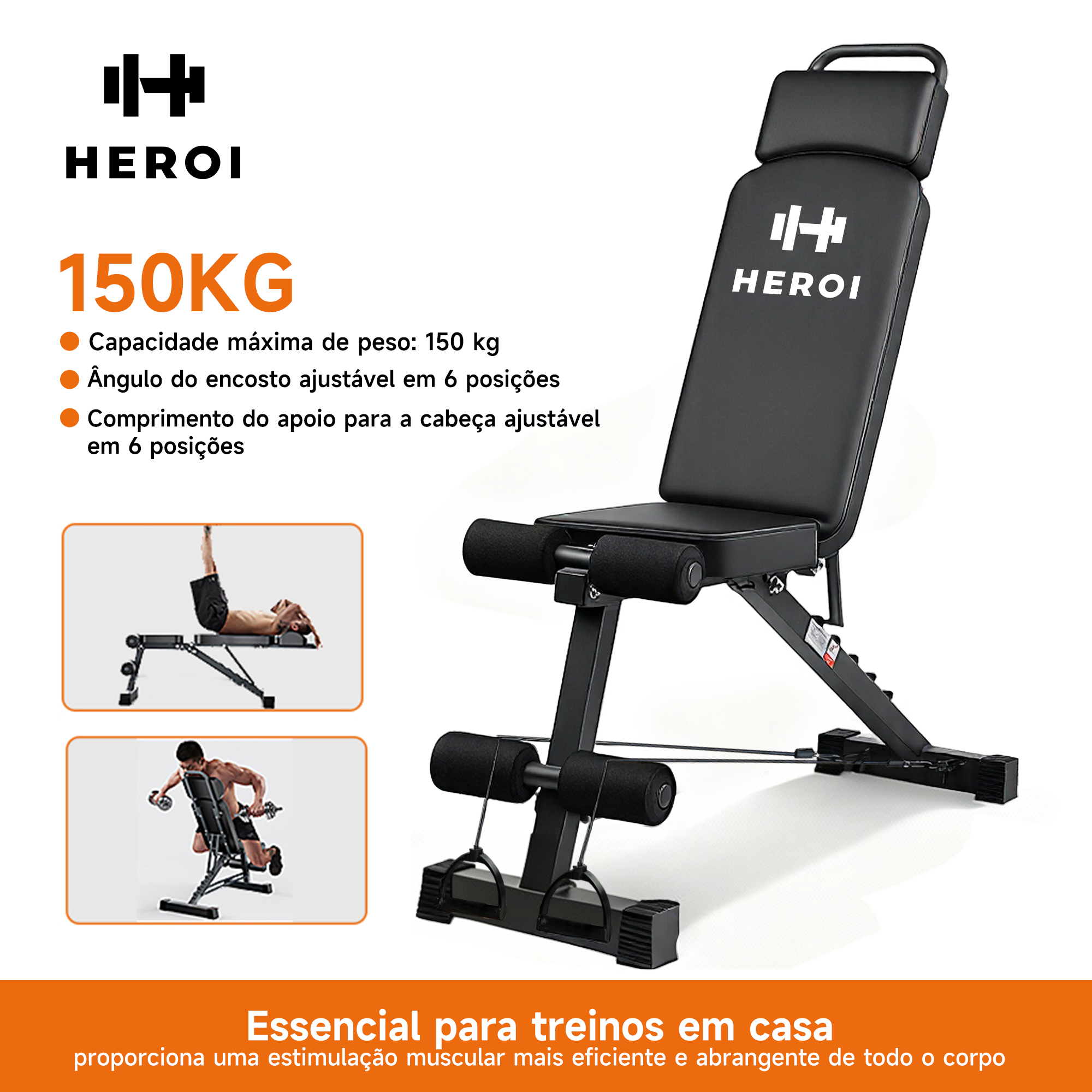 Banco de Musculação Ajustável HEROI – 150kg, Banco Pastor Removível, Extensor de Pernas e Encosto Multiângulo TY-055