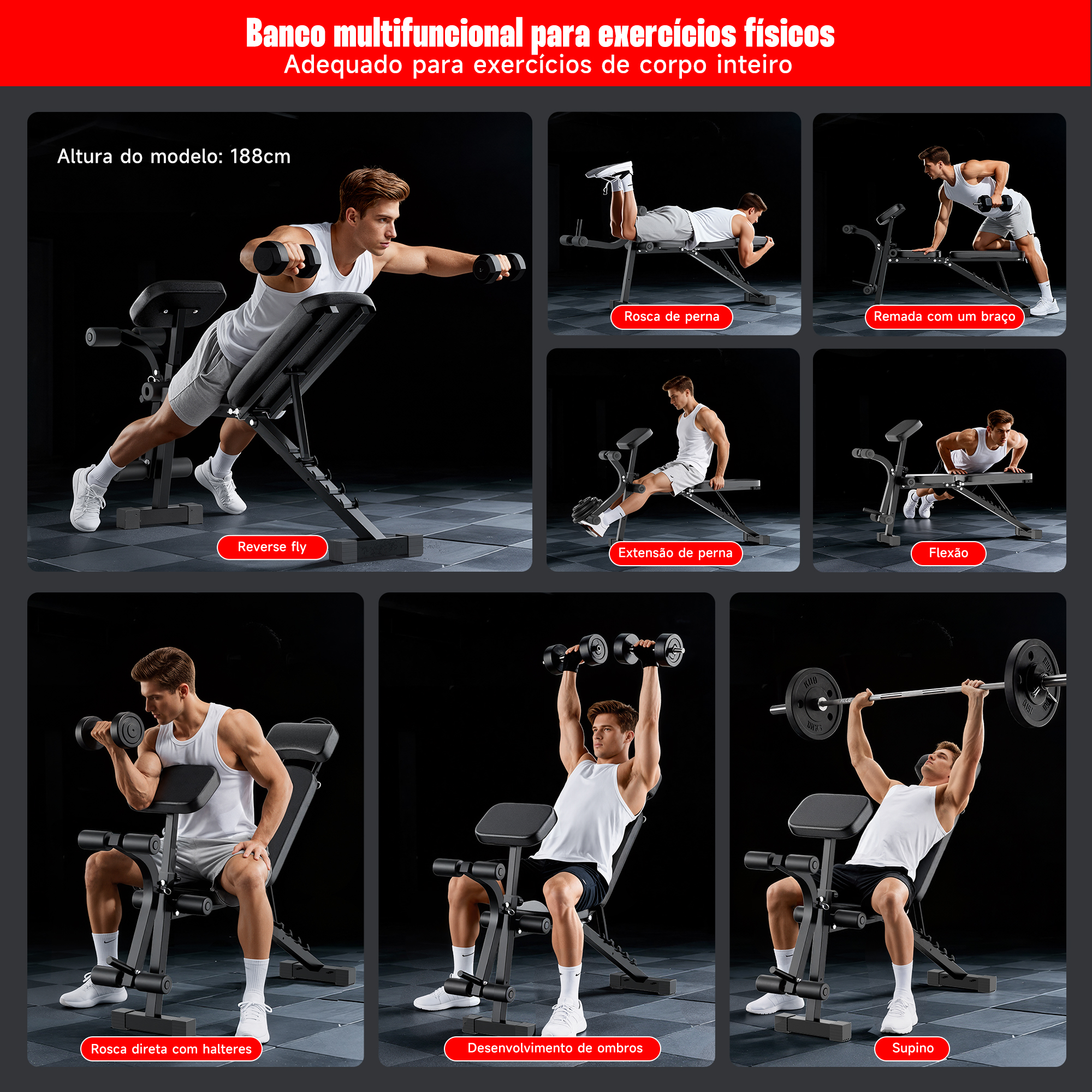 Banco de Musculação Ajustável HEROI® – 150kg, Multiângulo, Banco Pastor Removível e Extensor de Pernas TY-056 - Imagem 2